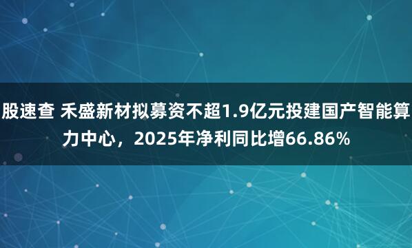 股速查 禾盛新材拟募资不超1.9亿元投建国产智能算力中心，2025年净利同比增66.86%
